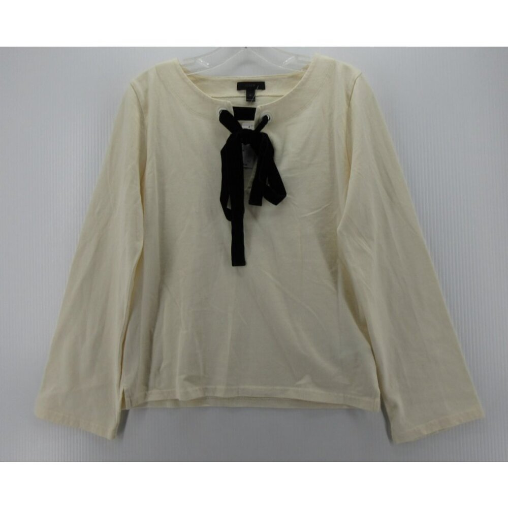 J Crew Top Medium White Blouse Velvet Tie Front Pullover Crop NEW